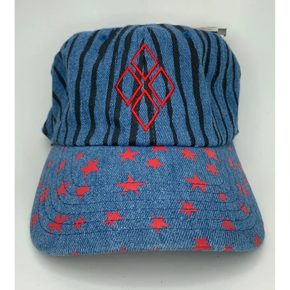 Birds of Prey Hat Harley Quinn Blue Denim Red Stars Diamonds Ball Cap New w/ Tag
